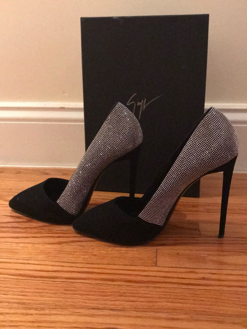 Giuseppe Zanotti Black and Silver Crystal-Embellished Stiletto Pumps size 7/37